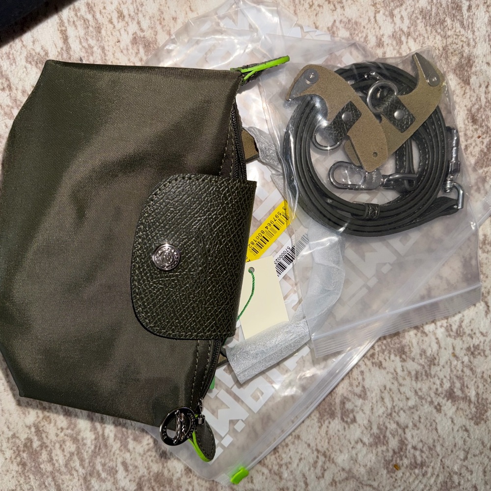 Longchamp Olive Green Nylon Crossbody Pouch with Detachable Strap